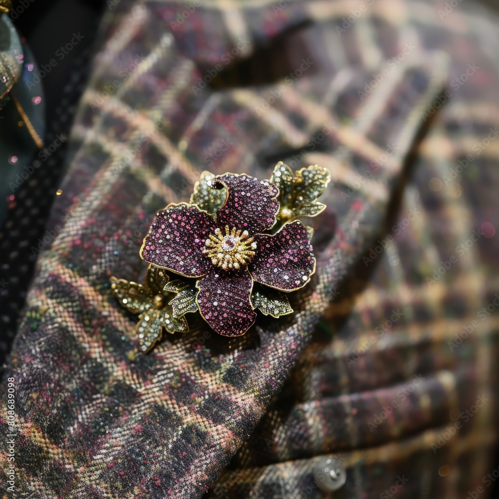 Φωτογραφία A closeup of a floral brooch on a tweed jacket lapel, focusing on how the piece complements the fabric's texture