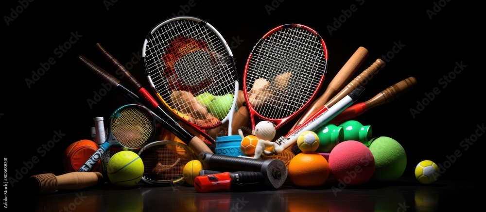 Naklejka premium Sports equipment including darts table tennis racket and ball shuttlecocks badminton racket and tennis ball arranged on a black background Provides a sporty atmosphere and copy space for your text