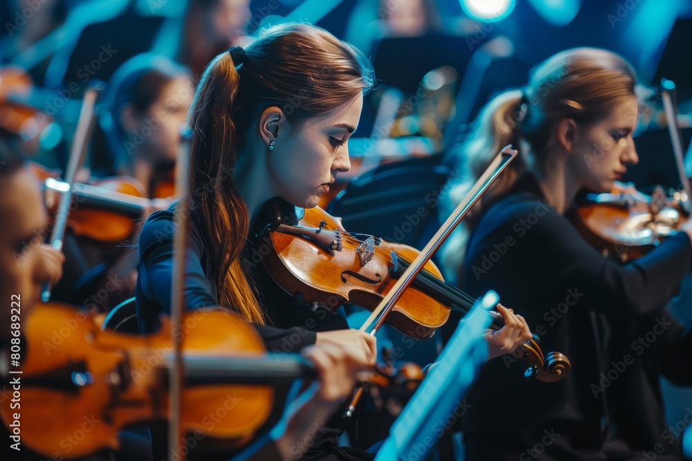Fototapeta premium Elegant symphonic orchestra performing classical music concert with precision and elegance on stage