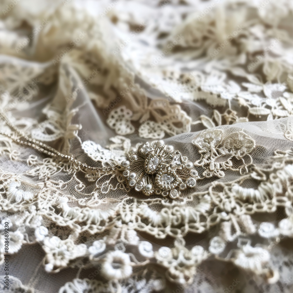 A closeup of a lace choker with a tiny diamond pendant, against a backdrop of old lace to enhance its delicate features. 