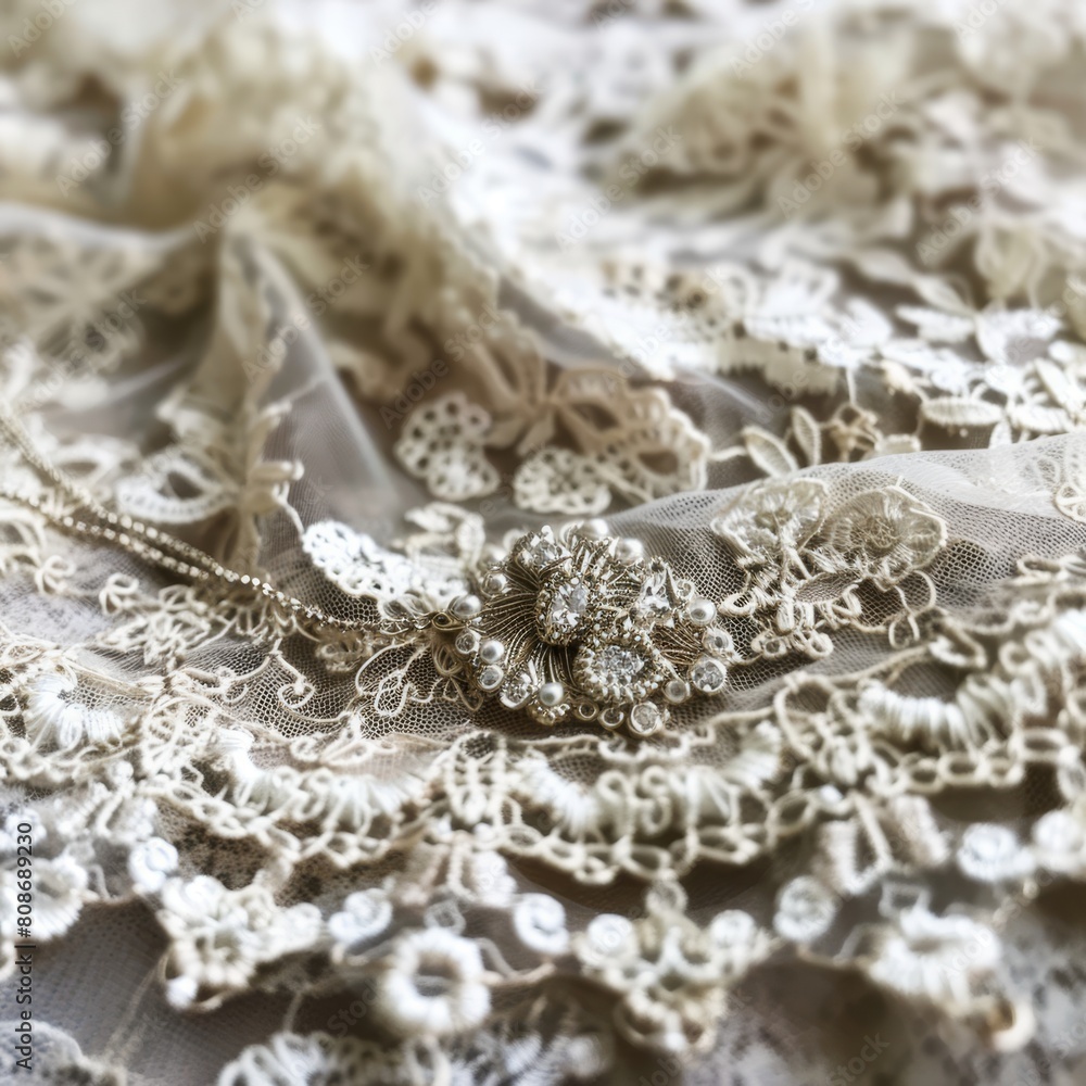 A closeup of a lace choker with a tiny diamond pendant, against a backdrop of old lace to enhance its delicate features. A closeup of a lace choker with a tiny diamond pendant, against a backdrop of old lace to enhance its delicate features.