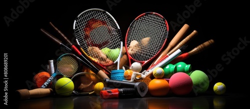 Sports equipment including darts table tennis racket and ball shuttlecocks badminton racket and tennis ball arranged on a black background Provides a sporty atmosphere and copy space for your text