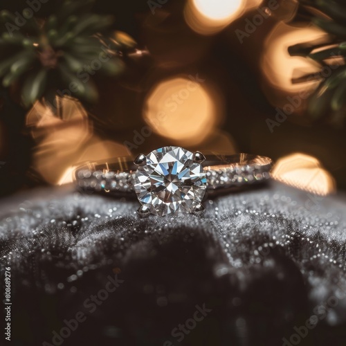 A closeup of an elegant diamond engagement ring on a velvet pillow  with a focus on the sparkling facets.