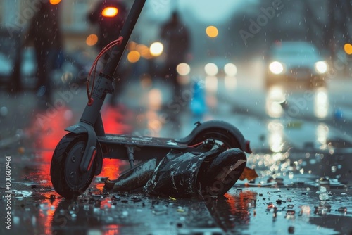 Close-up of severely damaged electric scooter highlighting crash impact on street photo