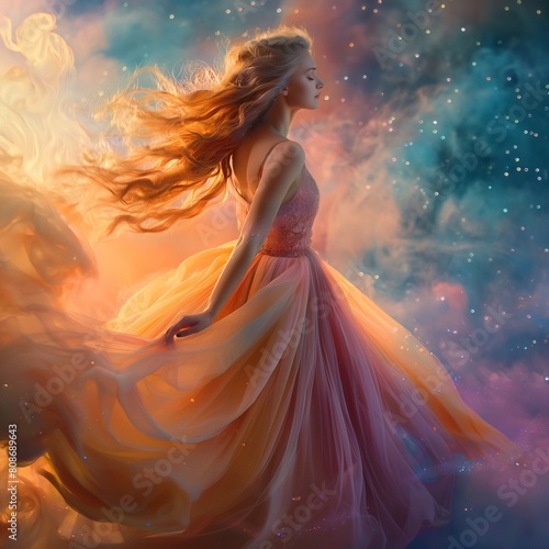 Girl in a flowing dress, soaring through the sky, AI-generated. photo
