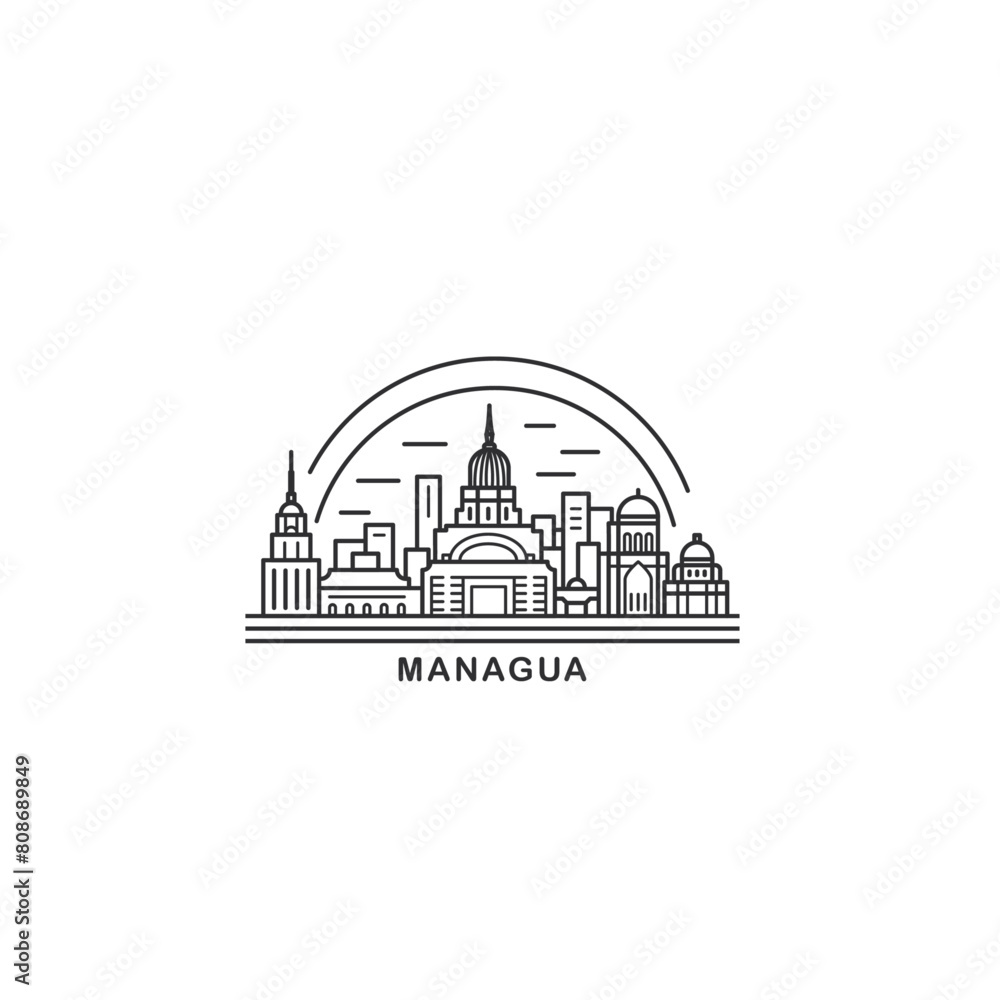 Managua cityscape skyline city panorama vector flat modern logo icon. Nicaragua capital emblem idea with landmarks and building silhouettes. Isolated thin line black graphic