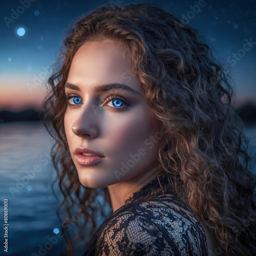 A beautiful woman stands on the shore of a lake in the evening.
