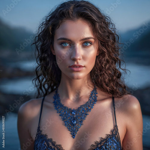 A beautiful woman stands on the shore of a lake in the evening.

