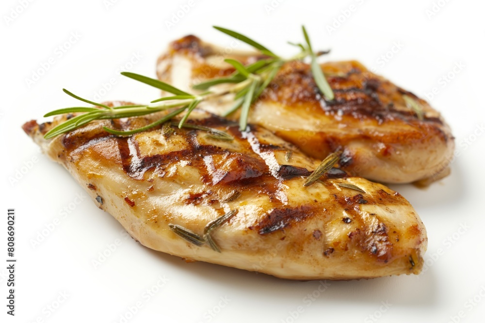 Close-up view of juicy grilled chicken breasts garnished with fresh rosemary sprigs on a white background