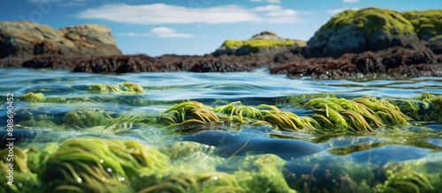A vibrant and refreshing Bladderwrack seaweed found on the seashore of a picturesque Hebridean Island in Scotland Emphasizing the essence of health and nature Scenic landscape captured in a horizonta
