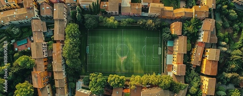 Aerial view of a soccer field among the houses in Orvieto, a small town in Umbria, Terni, Italy. photo