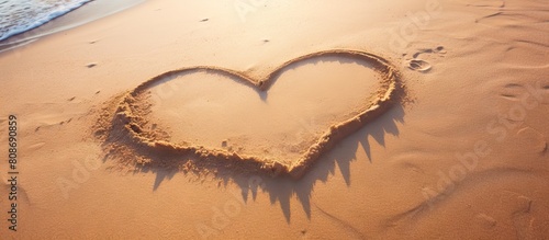A heart shape created on damp sand with a wide empty area for text arranged diagonally for a visually pleasing composition. Copy space image. Place for adding text and design