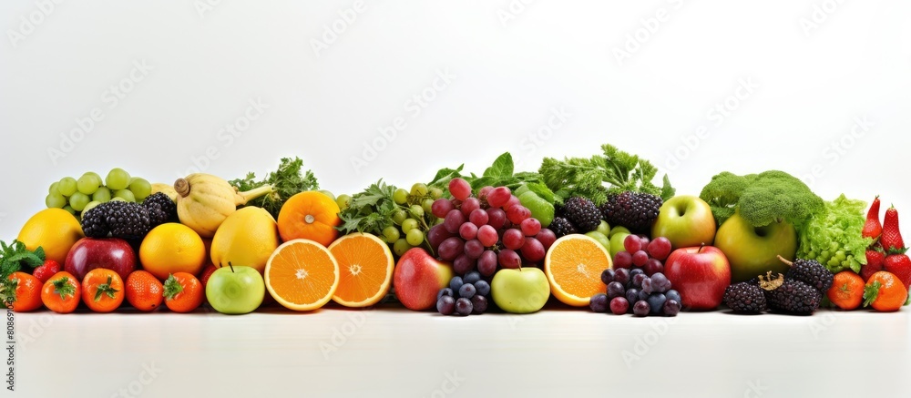 A variety of fresh fruits and vegetables arranged neatly on a white background providing ample copy space for any desired image A variety of fresh fruits and vegetables arranged neatly on a white background providing ample copy space for any desired image