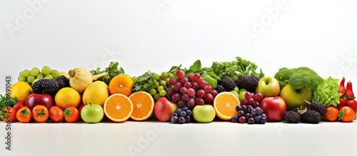 A variety of fresh fruits and vegetables arranged neatly on a white background providing ample copy space for any desired image
