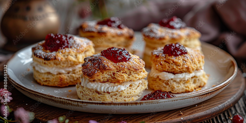 Scones with jam and clotted cream on a plate Scones with jam and clotted cream on a plate