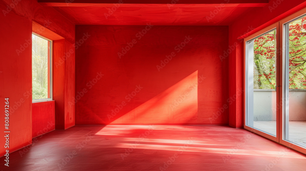 The room is painted red. The walls and floor are both the same color