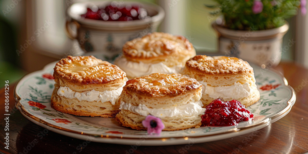 Scones with jam and clotted cream on a plate Scones with jam and clotted cream on a plate