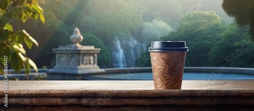 Outdoor copy space image of a coffee to go a cardboard cup with a plastic lid placed on a stone parapet near a fountain photo
