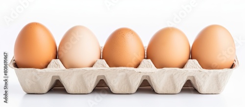 A white background hosts a close up image of eggs nestled in a carton box with plenty of copy space available photo