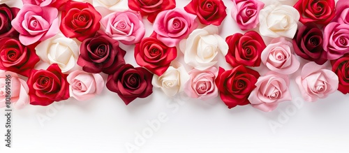 Red and pink plastic roses on a white background creating a Valentine s Day copy space image
