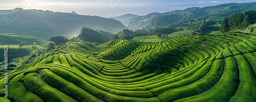 Aerial drone view of shapes of Cha Gorreana tea plantation at Sao Miguel, Azores, Portugal. photo