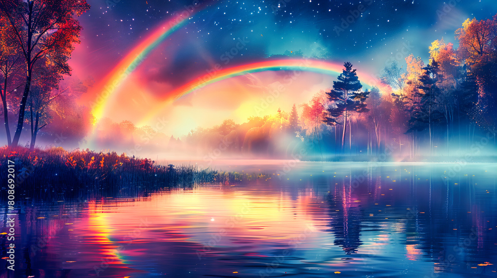 Fototapeta premium Dreamy Starry Night, Tranquil Lake with Reflection of Moon and Stars, Mysterious Forest Silhouette at Twilight