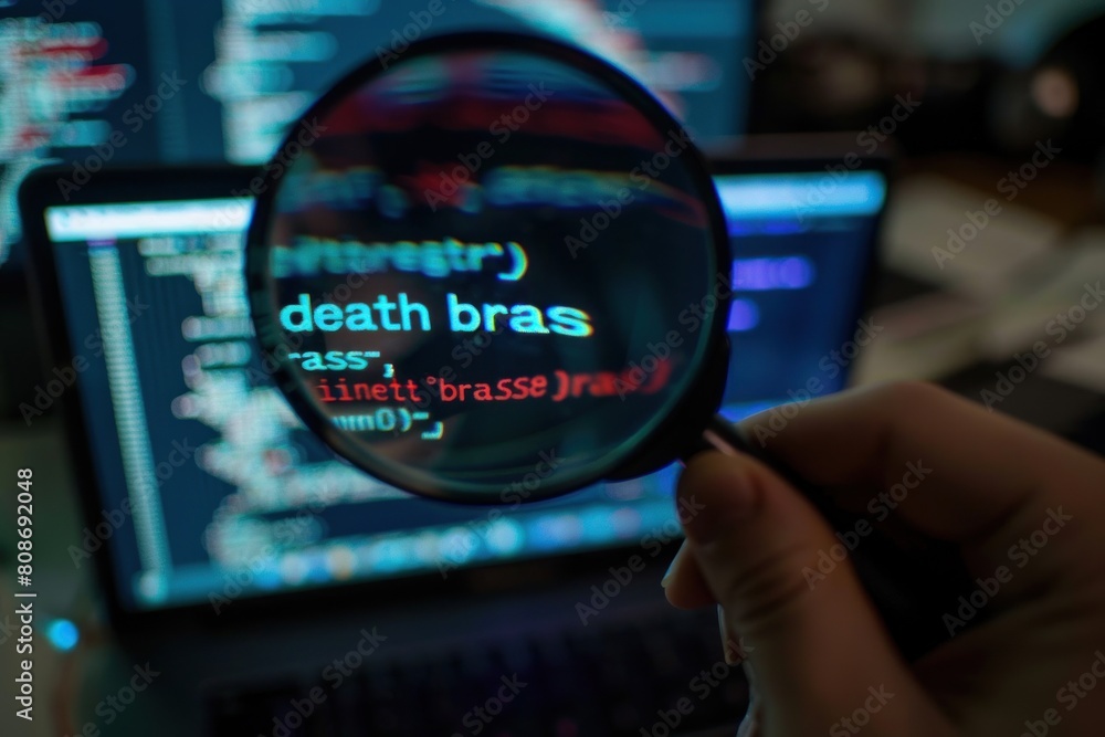 PHP back-end code zoomed through a magnifier. Computer programming ...