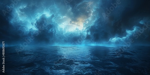 A dark ocean at night with storm clouds , dark sea 