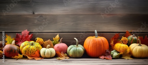 A rustic autumn scene with gourds and colorful fall leaves displayed on a weathered wooden background providing ample copy space for your personalized message