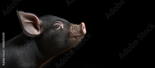 A mini pot belly pig with its head in profile against a plain background providing a copy space image photo