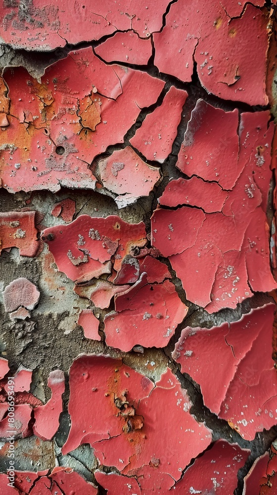Macro photograph showcasing the detailed texture of cracked and peeling red paint on a metal surface Macro photograph showcasing the detailed texture of cracked and peeling red paint on a metal surface