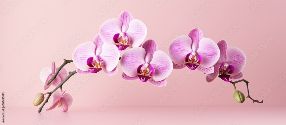 Three isolated orchids in a close up shot showcasing the flower concept against a pink background with ample copy space