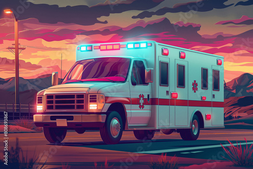Digitally-illustrated ambulance racing to an emergency with a vibrant sunset and mountains in the background