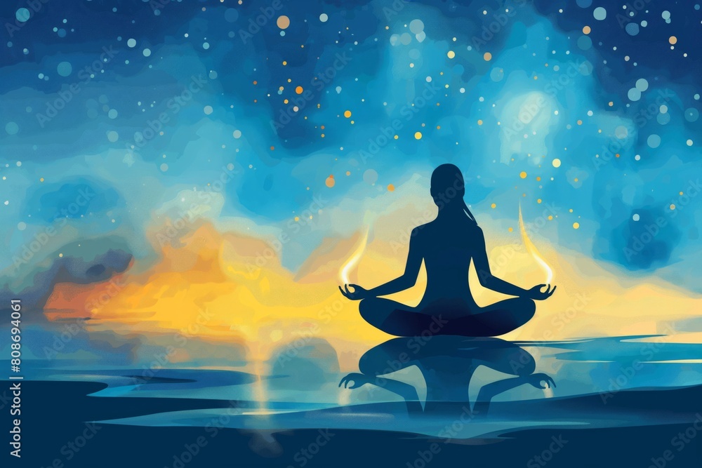 Tranquil digital illustration of a person meditating by the water at sunset, embodying peace and stress relief Tranquil digital illustration of a person meditating by the water at sunset, embodying peace and stress relief