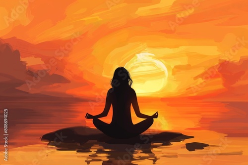 Silhouette of a person meditating at sunset by the water for stress relief and mindfulness