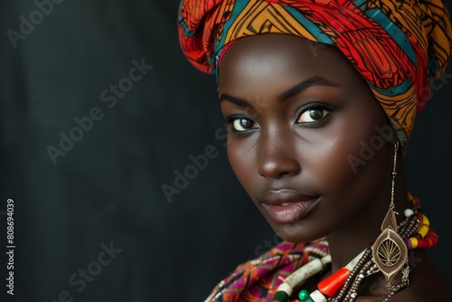Stunning portrait of a young woman adorned in vibrant african headwear and jewelry