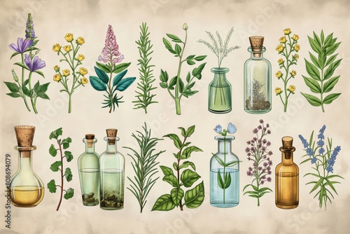 Artistic depiction of various medicinal plants and herbal extracts in vintage style bottles on a parchment background