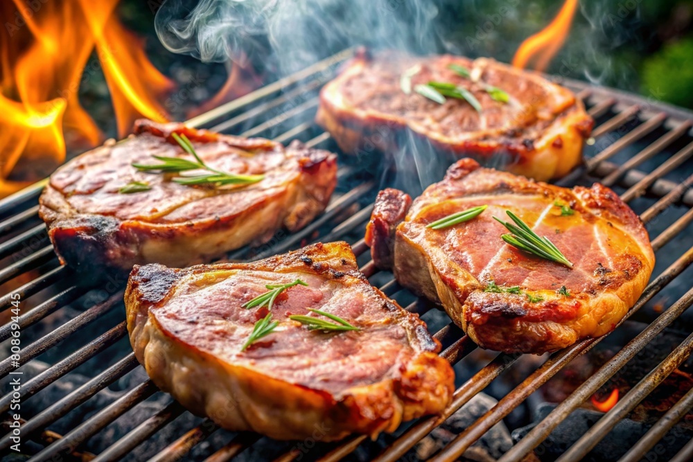 Grilled meat, smoked pork steaks, grilled smoked meat. Barbecue at the cottage. May holidays. Barbecue in nature. The process of cooking meat on the grill, close-up. Grilled meat, smoked pork steaks, grilled smoked meat. Barbecue at the cottage. May holidays. Barbecue in nature. The process of cooking meat on the grill, close-up.