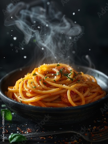 a plate of spaghetti bolognese pasta with sauce, tomatoes, basil and parmesan. Traditional Italian cuisine with fresh basil 