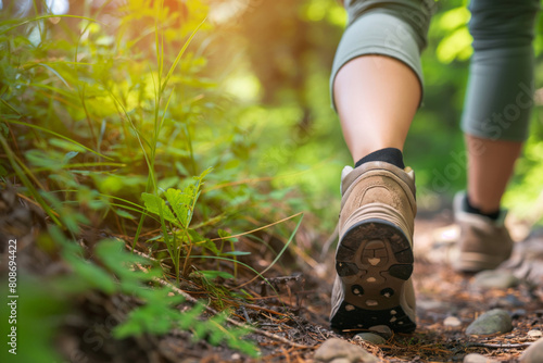 Close-up of hiker s feet on a nature trail  surrounded by vibrant greenery