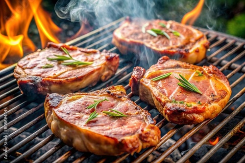 Grilled meat, smoked pork steaks, grilled smoked meat. Barbecue at the cottage. May holidays. Barbecue in nature. The process of cooking meat on the grill, close-up.