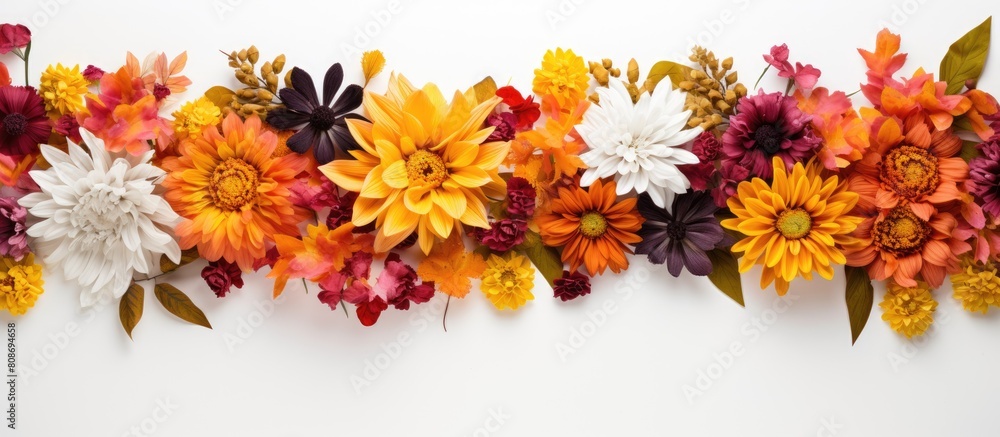 Fototapeta premium Autumn flowers in various vibrant colors arranged in a top view frame on a white background providing ample copy space for desired uses