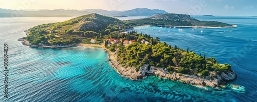 Aerial view of peaceful Zabodarski Otok island in the Adriatic Sea, Primorje-Gorski Kotar, Croatia. photo