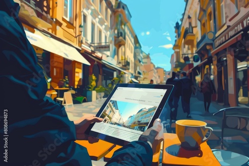 Man reading news on tablet at cafe on city street, browsing latest headlines on mobile app photo