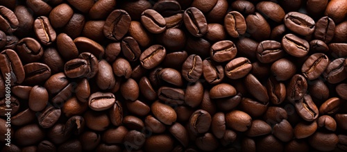 An image featuring a background of coffee beans specifically showcasing Arabica coffee beans that have been roasted. Copy space image. Place for adding text and design