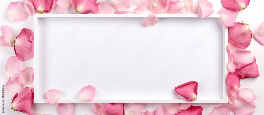 A stunning copy space image showcasing a frame adorned with delicate pink rose petals set against a pristine white backdrop