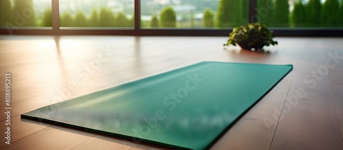 Copy space image of a green yoga mat lying on the living room floor inviting you to exercise at home embracing the concept of fitness and well being