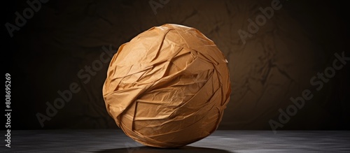 A wrinkled ball made from recycled brown paper with space for copy in the image. Copy space image. Place for adding text and design photo