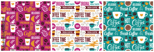 Coffee Time Seamless Pattern Design With Cacao Beans, Grains and Jug in Cartoon Flat Illustration photo