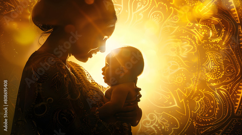 mandala gold background siluette mother baby sunrays sunlight love hyperrealistic photo